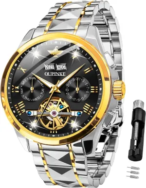 OUPINKE Automatic Watches for Men Skeleton Mechanical Self Winding Luxury Business Dress Wrist Watch Diamond Tungsten Steel Sapphire Crystal Calendar Waterproof Luminous