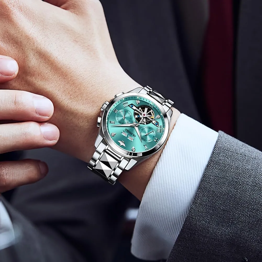 OUPINKE Men's Automatic Self Winding Mechanical Wrist Watch Roman Numeral Scale Male Watch Two Tone Stainless Steel Strap Diamond Luxury Business Luminous Waterproof Watch