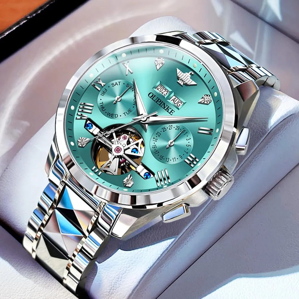 OUPINKE Men's Automatic Self Winding Mechanical Wrist Watch Roman Numeral Scale Male Watch Two Tone Stainless Steel Strap Diamond Luxury Business Luminous Waterproof Watch