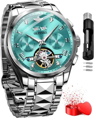 OUPINKE Men's Automatic Self Winding Mechanical Wrist Watch Roman Numeral Scale Male Watch Two Tone Stainless Steel Strap Diamond Luxury Business Luminous Waterproof Watch