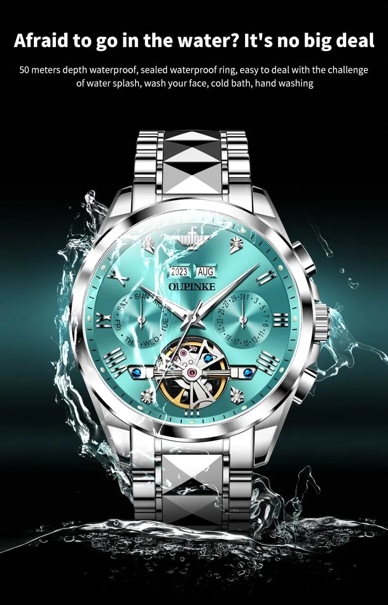 OUPINKE Men's Automatic Self Winding Mechanical Wrist Watch Roman Numeral Scale Male Watch Two Tone Stainless Steel Strap Diamond Luxury Business Luminous Waterproof Watch