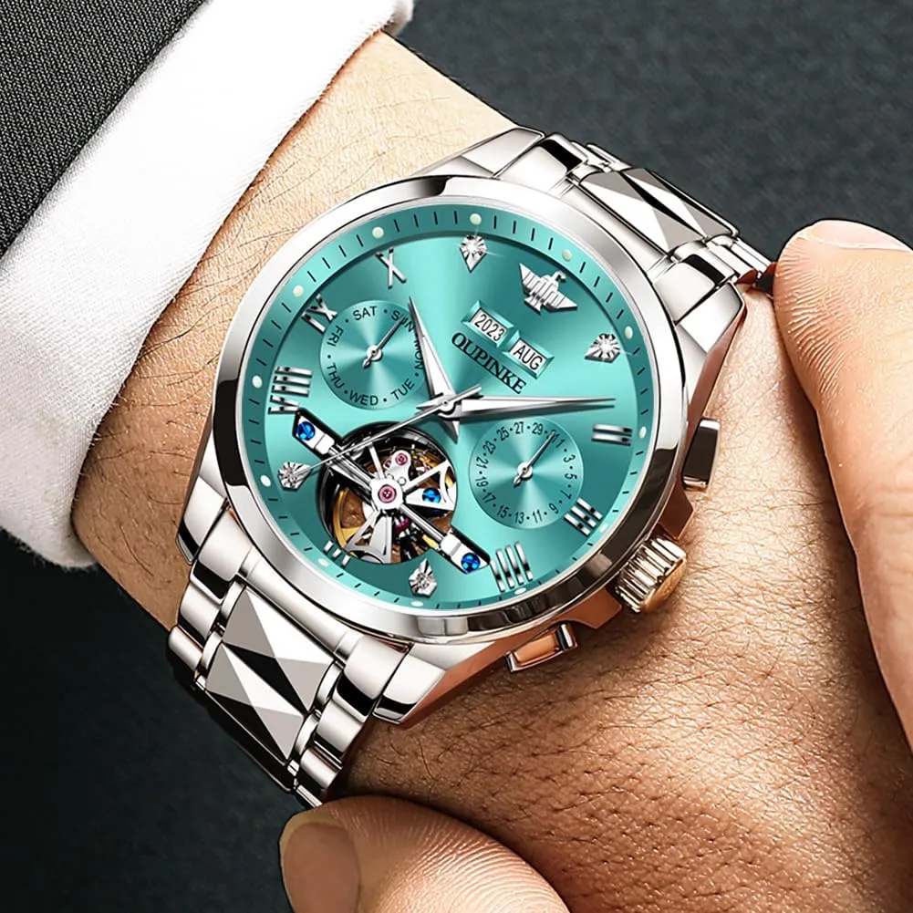 OUPINKE Men's Automatic Self Winding Mechanical Wrist Watch Roman Numeral Scale Male Watch Two Tone Stainless Steel Strap Diamond Luxury Business Luminous Waterproof Watch