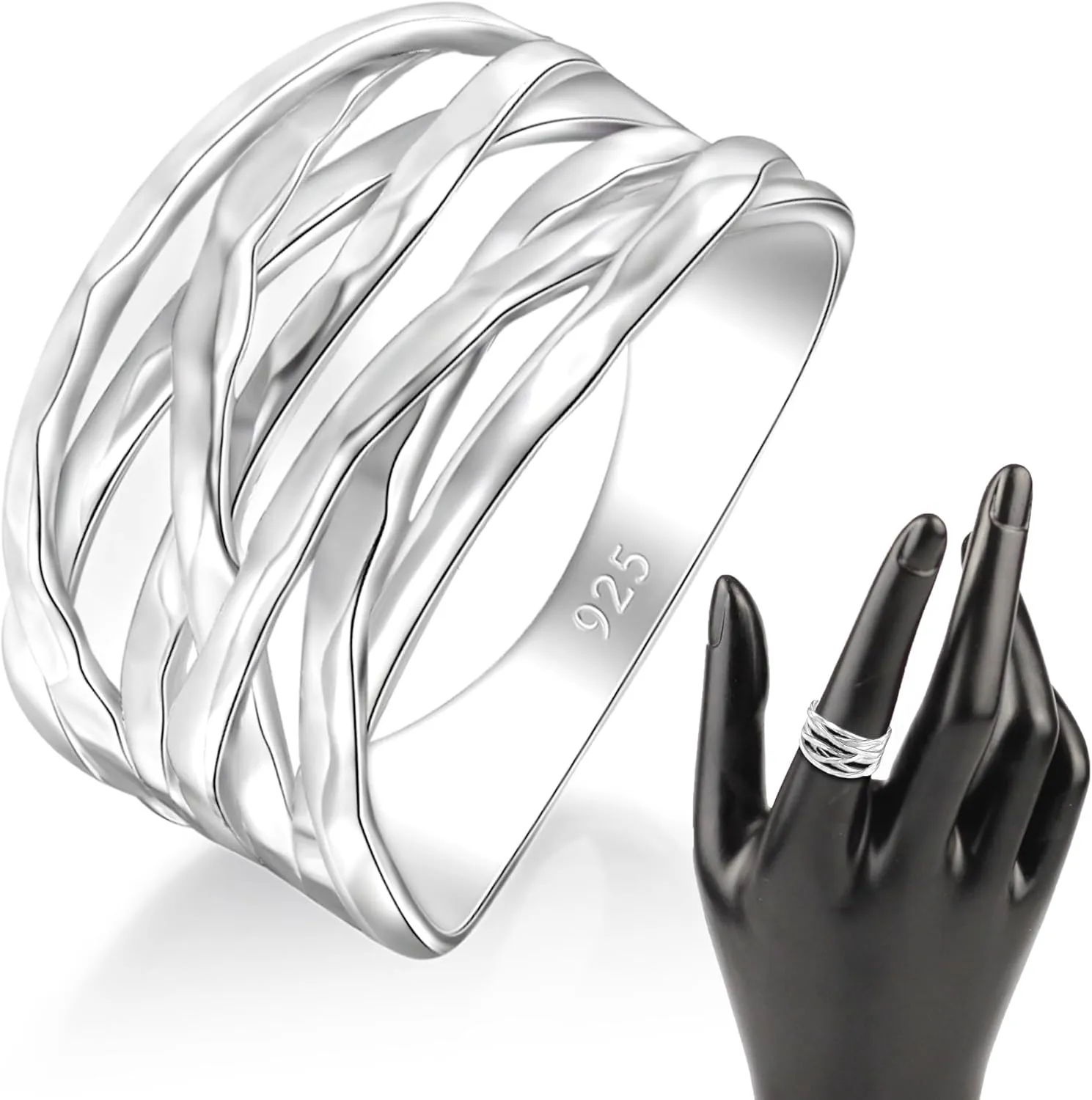 Overlapping Rings for Women - Designer Criss Cross Rings - 925 Sterling Silver Wide Band Ring, Criss Cross Silver Rings for Women - Made in Israel Jewelry, 12mm Width - Available in Sizes 4-12