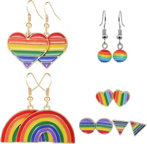 Pack of 6 Pairs Rainbow LGBT Pride Earrings Sets for Women Girl Lesbian Gay Pride Charm Alloy Enamel Drop Dangle Earrings Rainbow LGBTQ Pride Earrings for Lesbian Party Jewelry Gifts