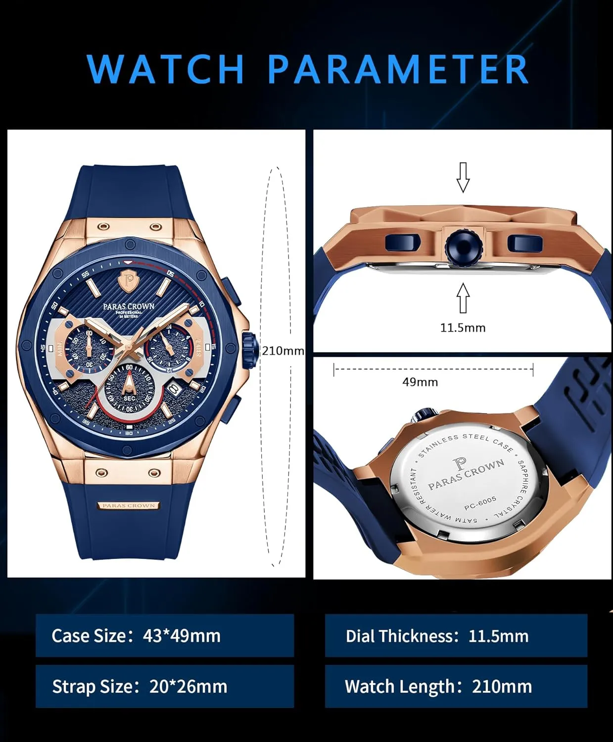 Paras Crown Watches for Men Luxury Japanese Quartz Movement Chronograph Analog Watch Stainless Steel Case 5ATM Waterproof Mens Watches