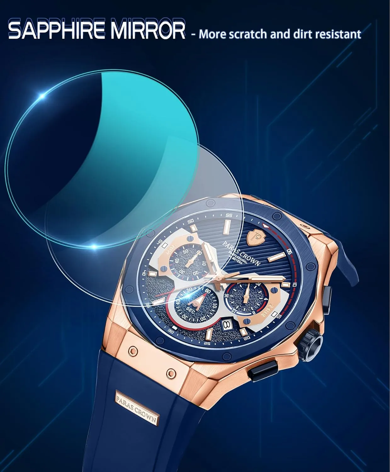 Paras Crown Watches for Men Luxury Japanese Quartz Movement Chronograph Analog Watch Stainless Steel Case 5ATM Waterproof Mens Watches