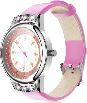 PASNEW Kids Girl Watches,Analogue Classic Quartz Children Watch Waterproof with Floral Dial Diamond Case Leather,Girls Watches Ages Over 3Y,Pink