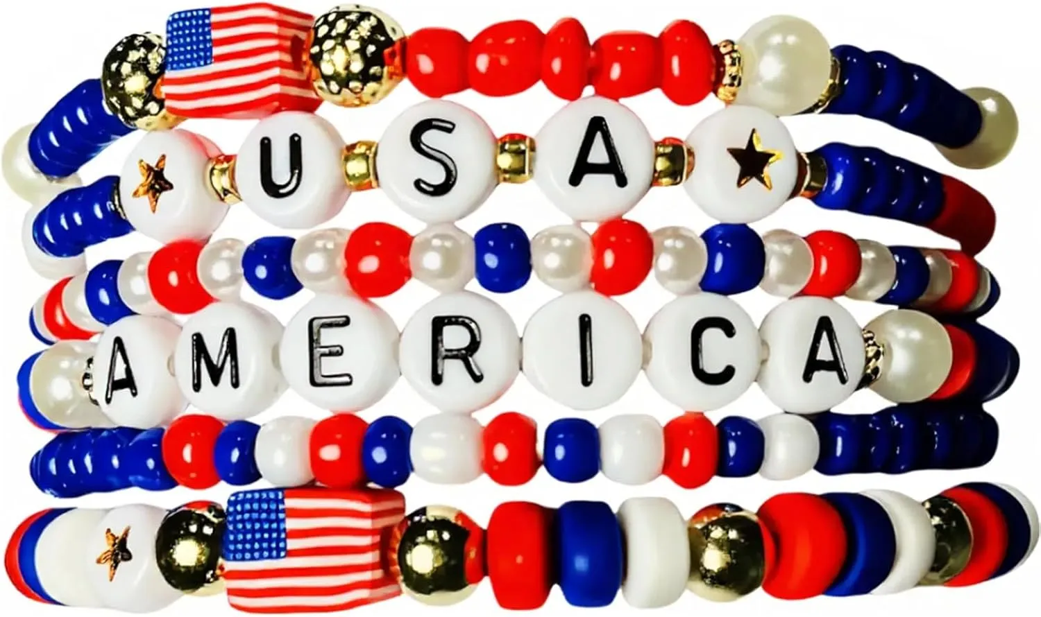 Patriotic Beaded Stretch Bracelets, Red White Blue USA Flag Design, Independence Day Collection