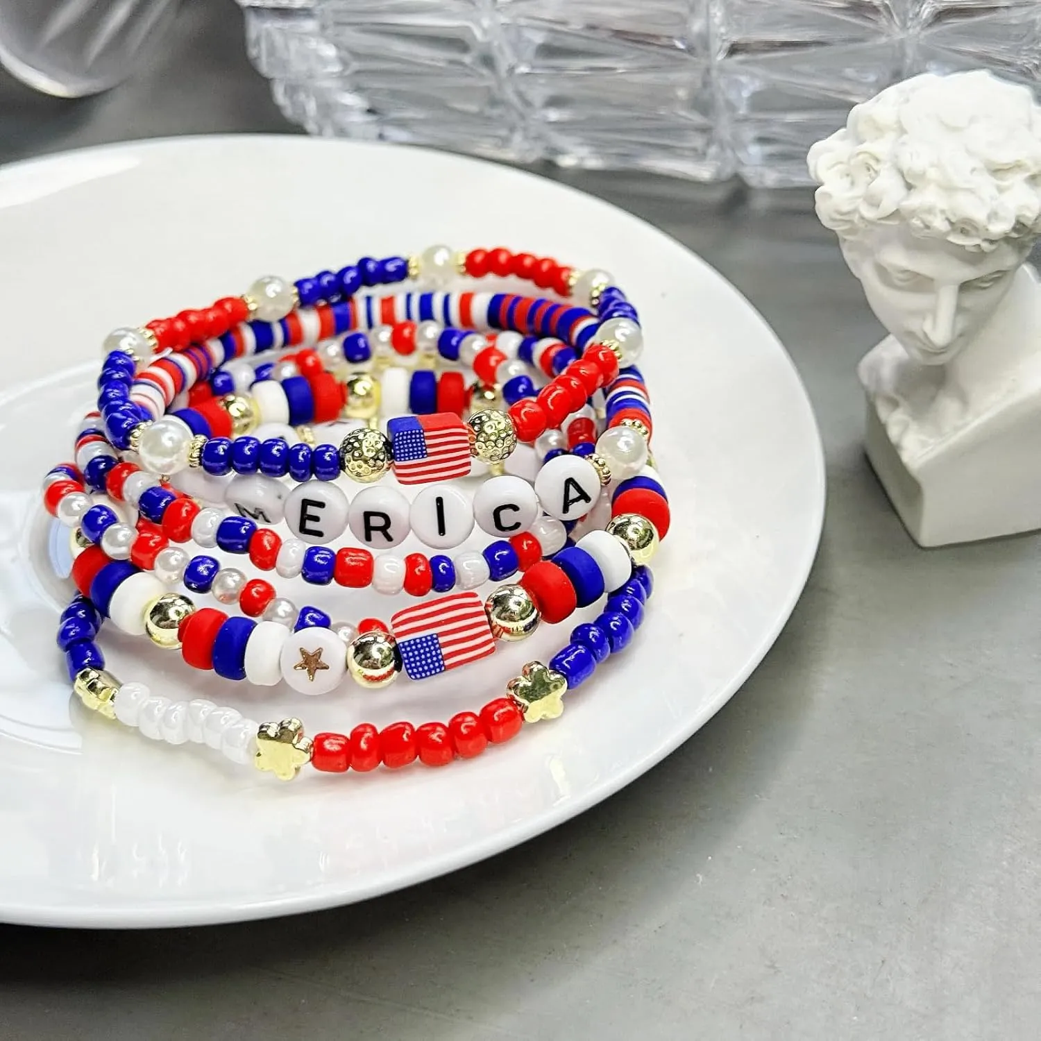 Patriotic Beaded Stretch Bracelets, Red White Blue USA Flag Design, Independence Day Collection
