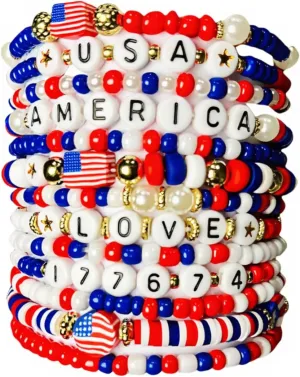 Patriotic Beaded Stretch Bracelets, Red White Blue USA Flag Design, Independence Day Collection