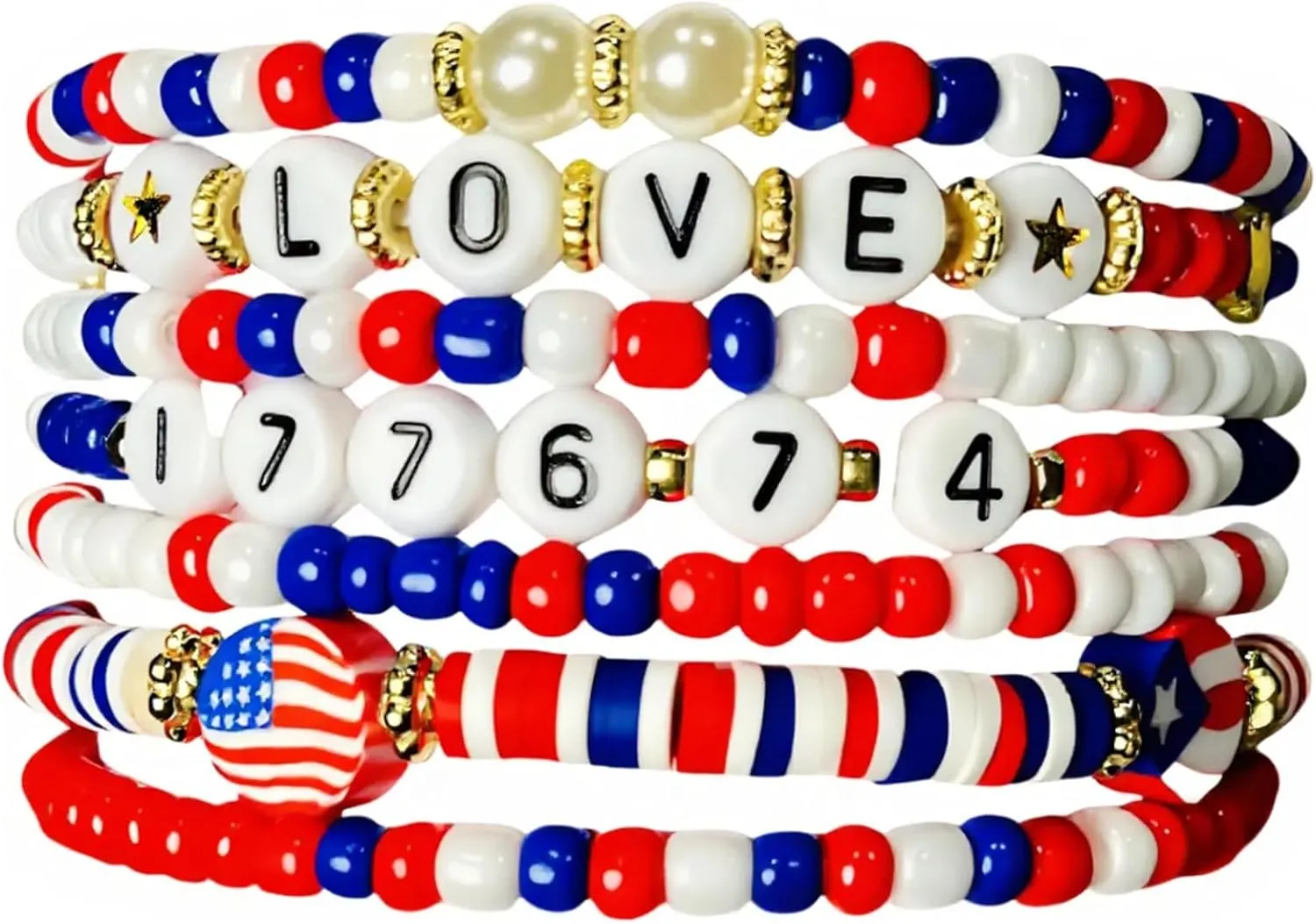 Patriotic Beaded Stretch Bracelets, Red White Blue USA Flag Design, Independence Day Collection