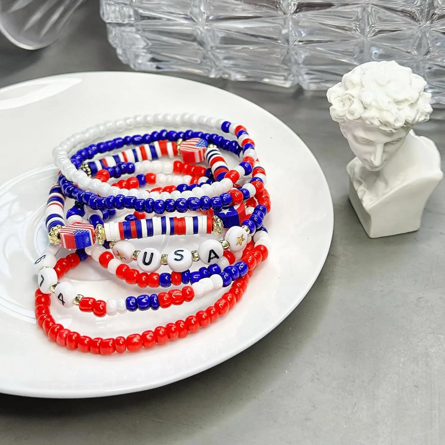 Patriotic Beaded Stretch Bracelets, Red White Blue USA Flag Design, Independence Day Collection
