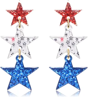 Patriotic Dangle Drop Stud Earrings Glitter Red White Blue Earrings USA Star American Flag Acrylic Jewelry for Women 4th of July Independence Day Party Favor Gift