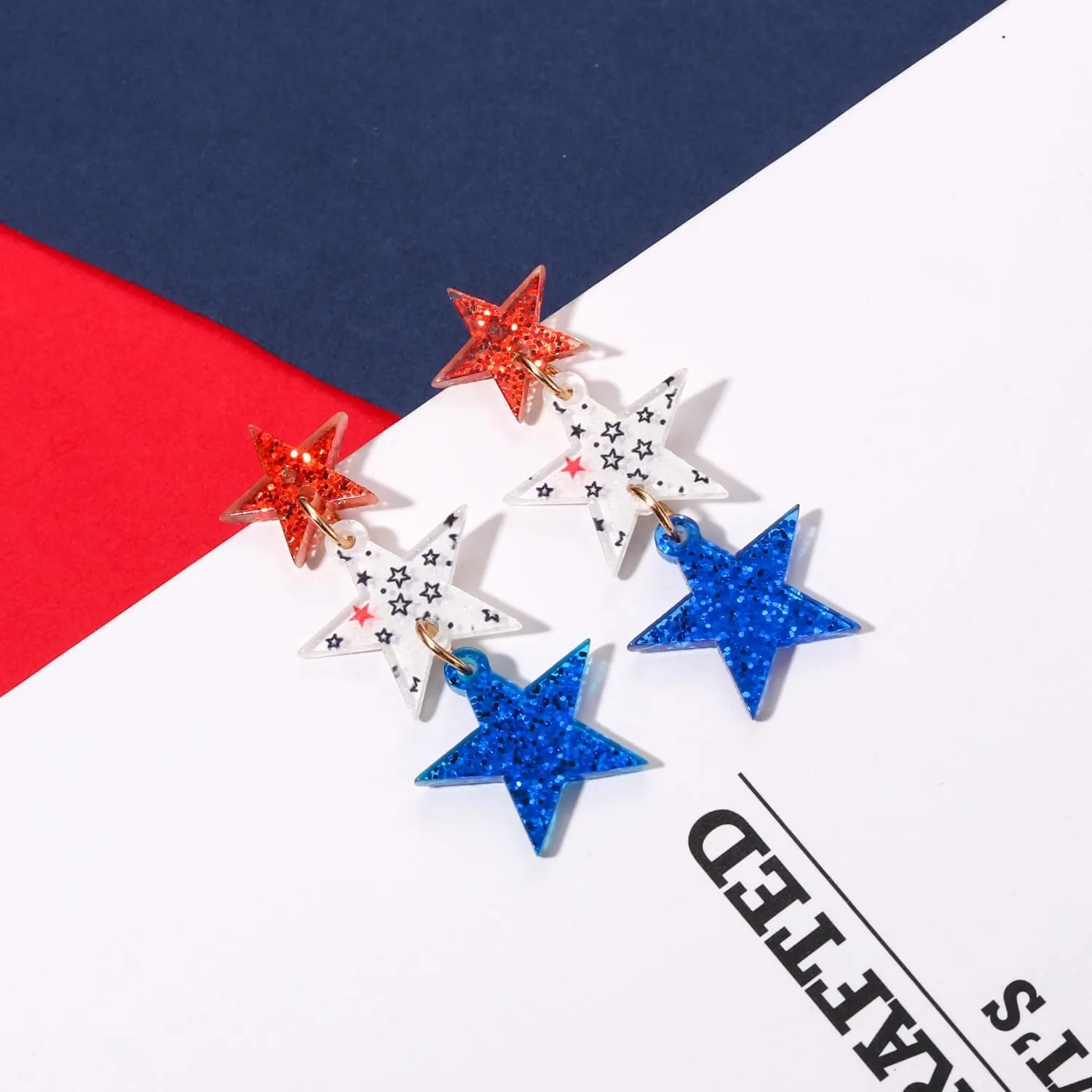 Patriotic Dangle Drop Stud Earrings Glitter Red White Blue Earrings USA Star American Flag Acrylic Jewelry for Women 4th of July Independence Day Party Favor Gift