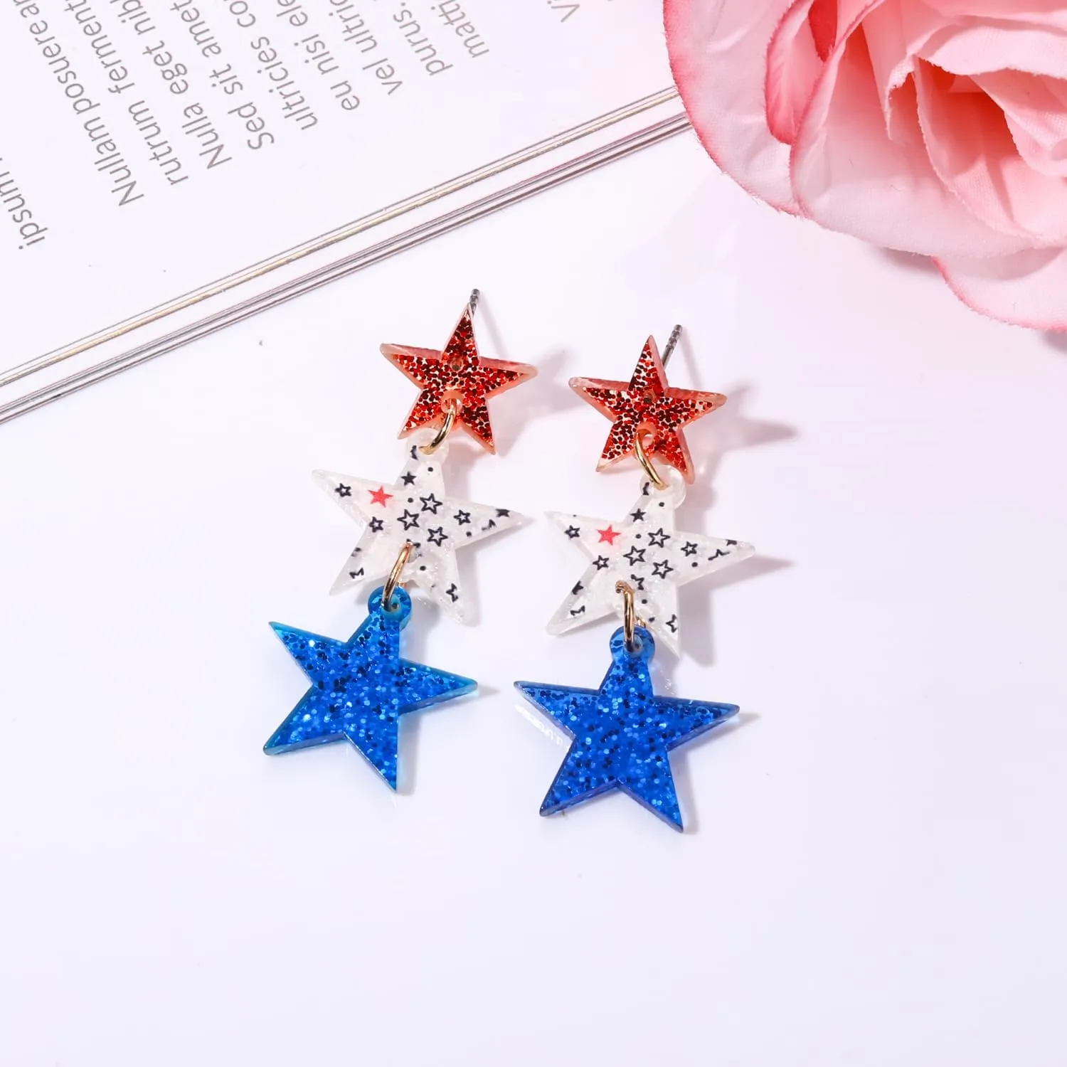 Patriotic Dangle Drop Stud Earrings Glitter Red White Blue Earrings USA Star American Flag Acrylic Jewelry for Women 4th of July Independence Day Party Favor Gift