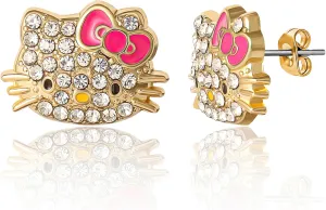 Pave Crystal Hello Kitty Earrings for Women Official License, Gold Tone and Enamel Dangle or Stud Earrings, Sanrio Jewelry