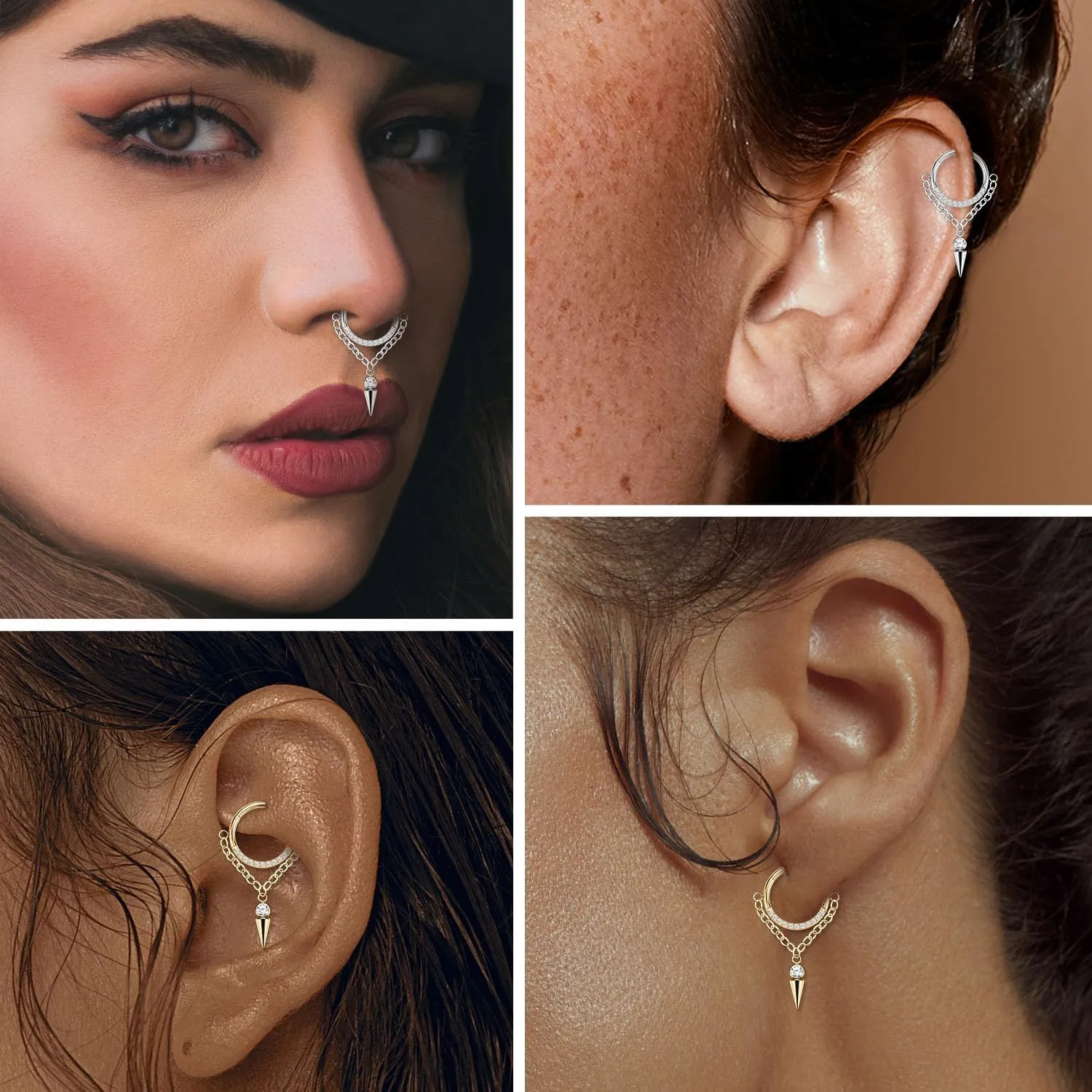 PEAKLINK Dangle Nose Ring Septum Piercing Jewelry 16G Septum Rings Surgical Steel Seamless Clicker Ring Dangly Nose Hoop Ring Daith Earrings Helix Rook Tragus Conch Jewelry Conch Earring