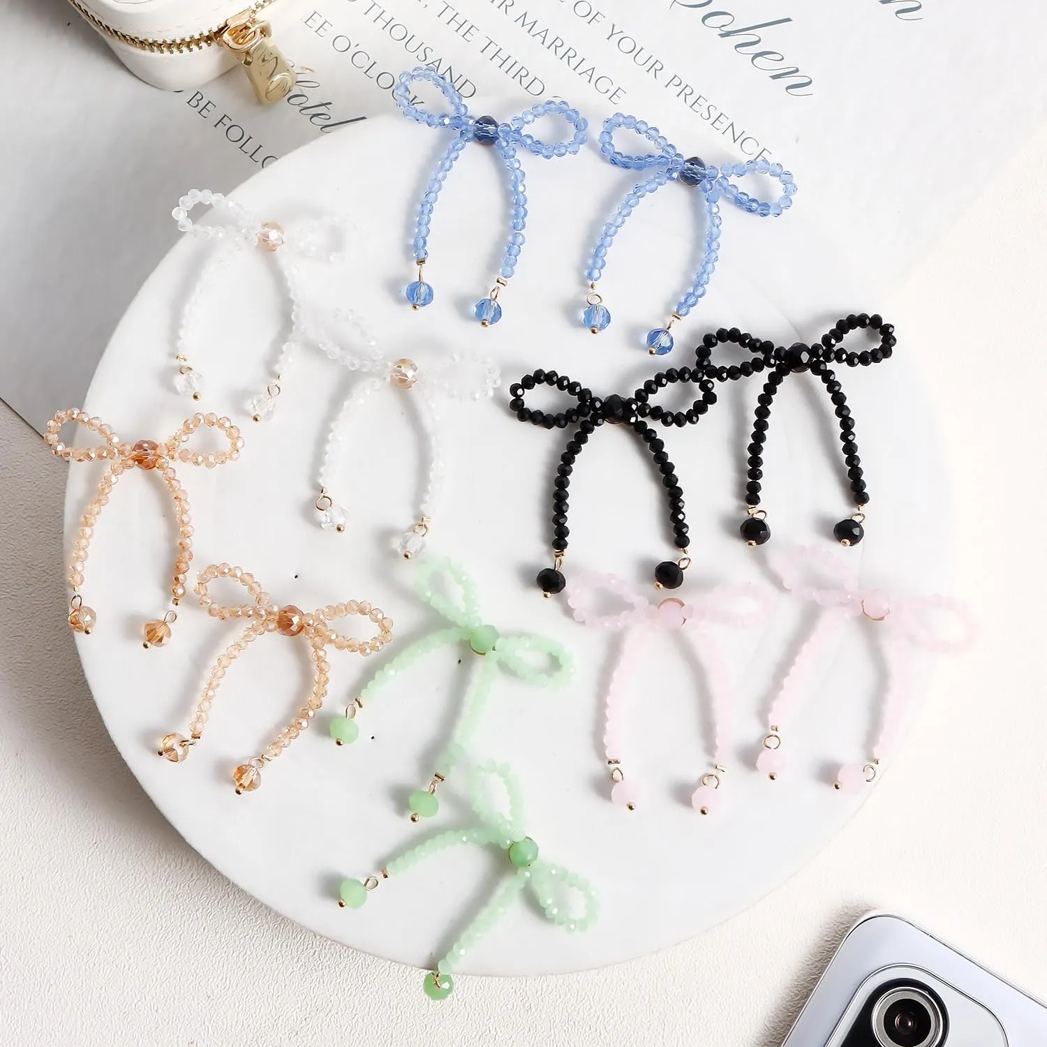 Pearl & Crystal Bow Knot Tassel Dangle Earrings - Dainty Gold Bow Ribbon Stud Earrings for Women