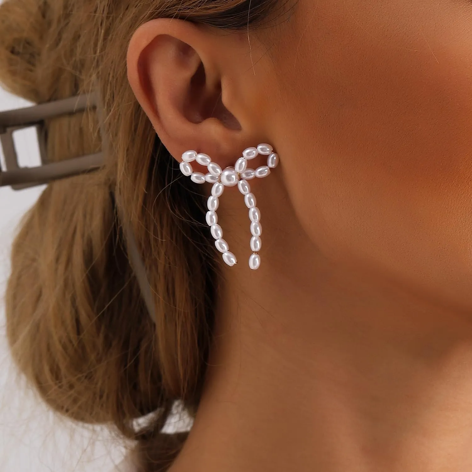 Pearl & Crystal Bow Knot Tassel Dangle Earrings - Dainty Gold Bow Ribbon Stud Earrings for Women