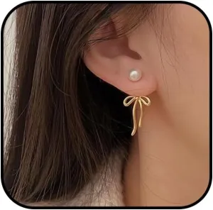 Pearl Bow Earrings for Women Gold Silver Bow Drop Earring Dainty Bow Ribbon Dangle Earrings Pearl Bow Knot Stud Earrings Birthday Party Jewelry