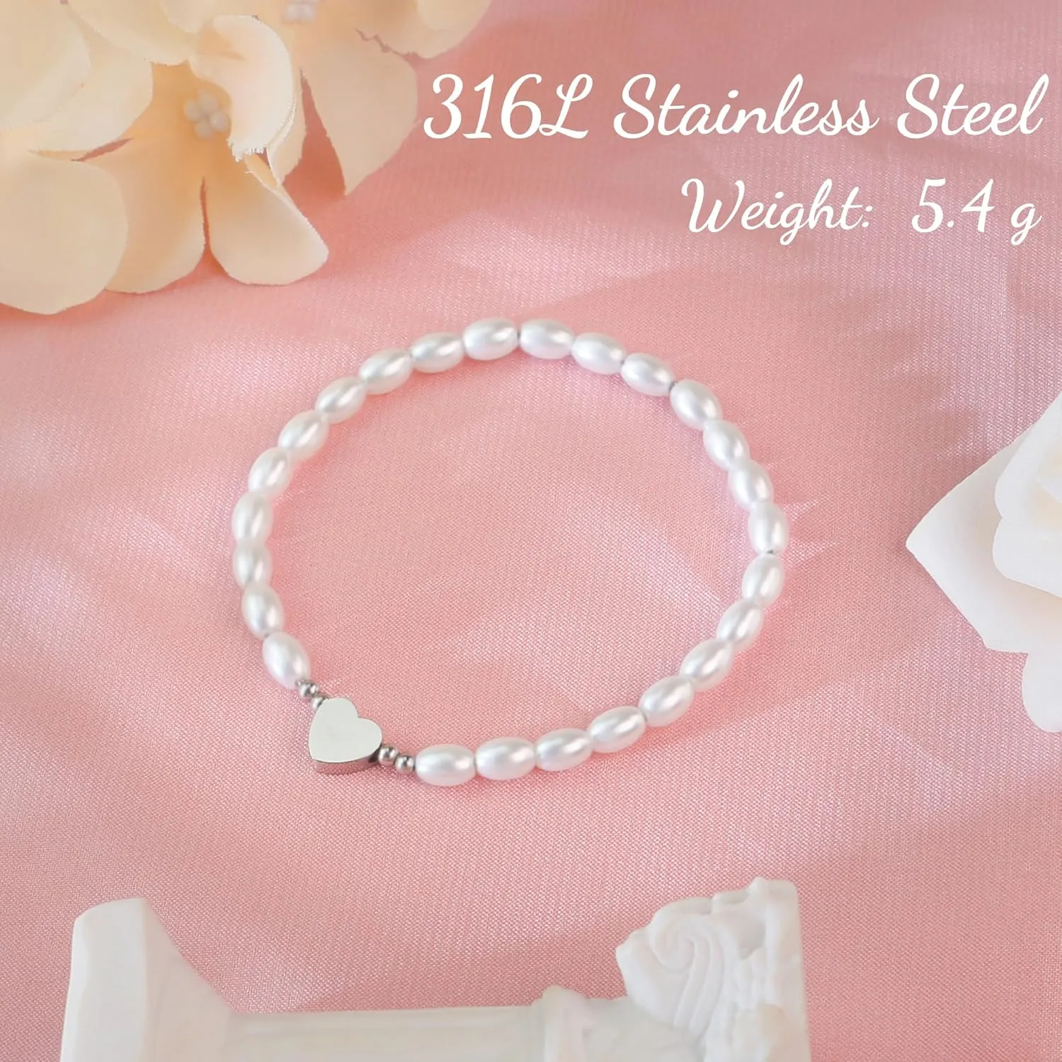 Pearl Bracelets for Women Silver Heart Bracelet as Mothers Day Gifts for Mom, 4 MM Cute Charm Braclet Dainty Stretch Braclets for Bride Wedding Gifts Bridal Jewelry Birthday Accessories