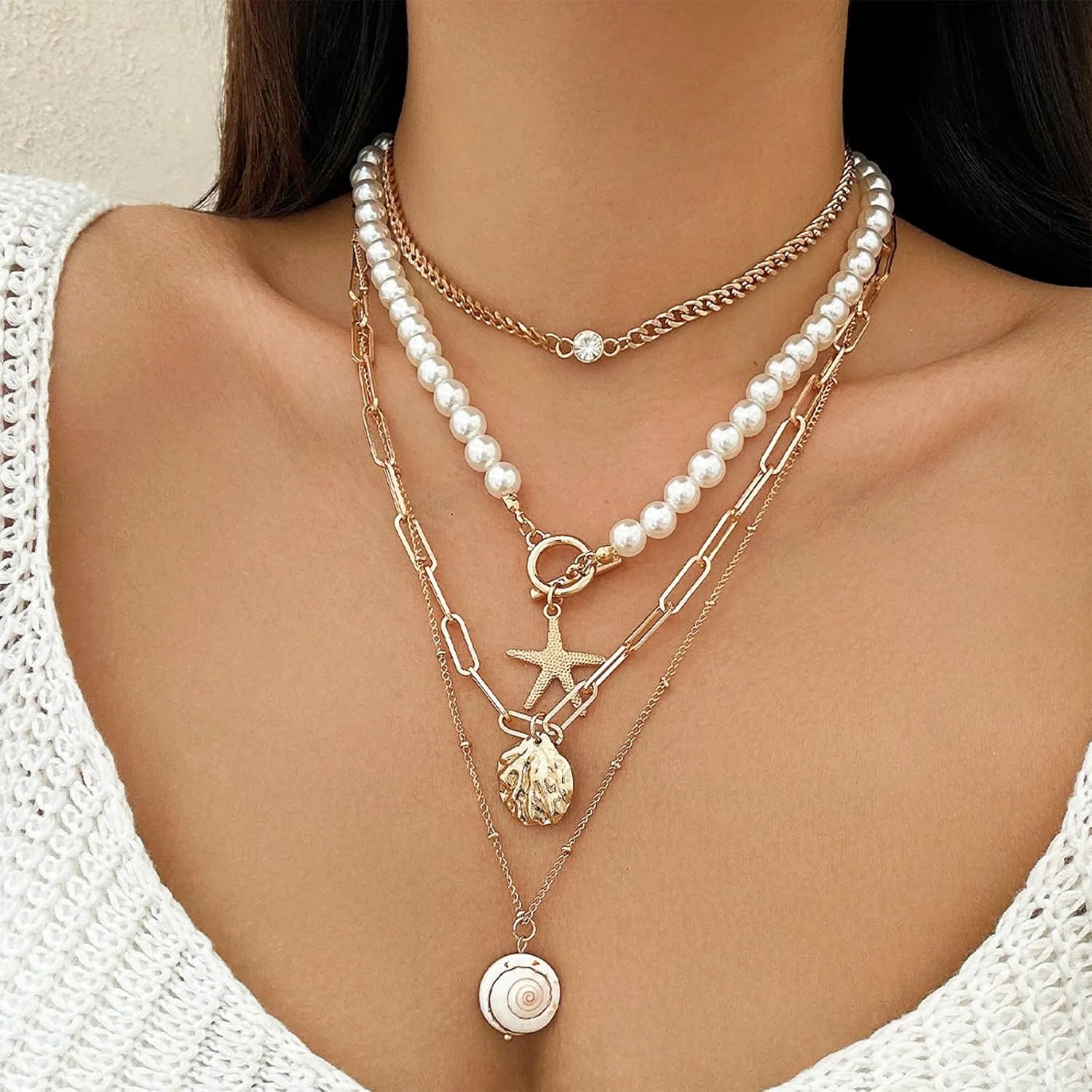 Pearl Choker Necklaces for Women Layered Starfish Shell Sun Conch Pendant Necklace Boho Beaded Seashell Charm Necklace Summer Beach Surfer Jewelry Outfits Accessories