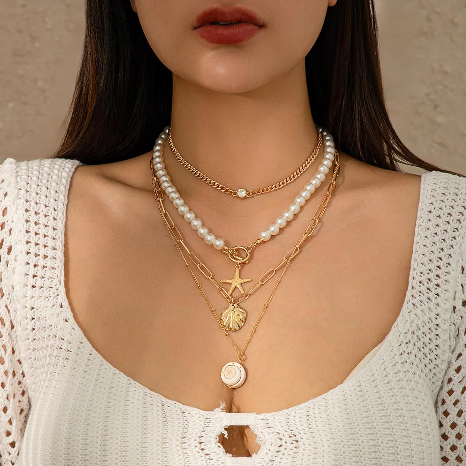 Pearl Choker Necklaces for Women Layered Starfish Shell Sun Conch Pendant Necklace Boho Beaded Seashell Charm Necklace Summer Beach Surfer Jewelry Outfits Accessories