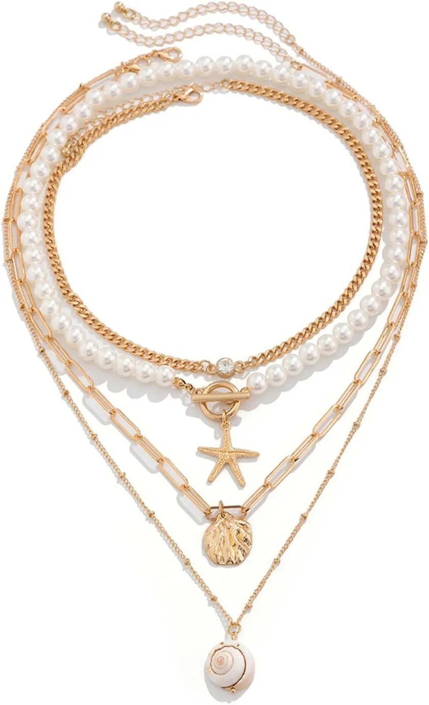Pearl Choker Necklaces for Women Layered Starfish Shell Sun Conch Pendant Necklace Boho Beaded Seashell Charm Necklace Summer Beach Surfer Jewelry Outfits Accessories