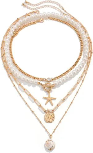 Pearl Choker Necklaces for Women Layered Starfish Shell Sun Conch Pendant Necklace Boho Beaded Seashell Charm Necklace Summer Beach Surfer Jewelry Outfits Accessories