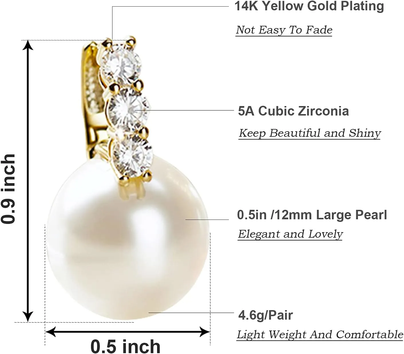Pearl Earrings for Women 14K Gold Plated Hypoallergenic Pearl Earrings 5A Cubic Zirconia Dangle Earrings Elegant Jewelry