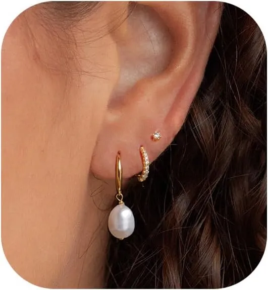 Pearl Earrings for Women, 14k Gold Plated Pearl Hoop Earrings Dainty Gold Earrings Set Minimalist Pearl Drop Earrings Small Gold Hoops Trendy Pearl Earrings Dangling Gold Jewelry for Women