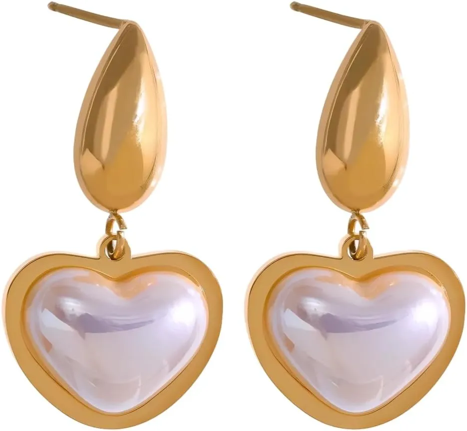 Pearl earrings for women Golden Elegant Imitation Pearls Heart Stainless Steel Drop Dangle Earrings Korean Charm Jewelry for Women-T53