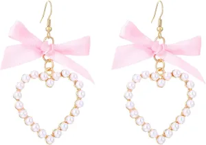 Pearl Heart Earrings for Women Pearl Heart Bow Earrings Pink Heart Bow Earrings Statement Heart Earrings Pearl Wedding Drop Earring Valentines Christmas Mothers Day Jewelry