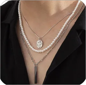 Pearl Necklace for Men Layered Cuban Link Cross Necklaces Mens Stainless Steel Chain Faux Pearl Choker Compass Pendant 3PCS Necklaces Set for Men Women Jewelry Gift for Boyfriend Husband Son