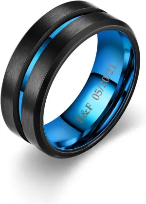 Personalized Black and Blue Wedding Rings Set for Him and Her Matching Promise Rings for Couples Stainless Steel Engraved Name Rings for Couples 8mm Mens Wedding Band Womens Blue Sapphire & Cubic Zirconia Ring 5-13