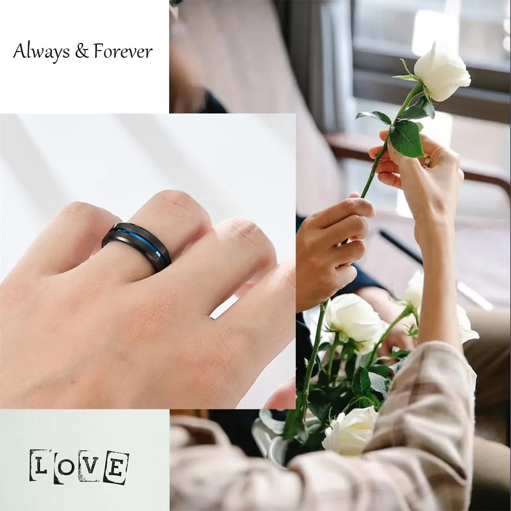Personalized Black and Blue Wedding Rings Set for Him and Her Matching Promise Rings for Couples Stainless Steel Engraved Name Rings for Couples 8mm Mens Wedding Band Womens Blue Sapphire & Cubic Zirconia Ring 5-13