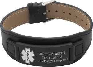 Personalized Medical Alert Bracelet for Men, Custom Leather Medical ID Bracelet Engraved with Medical Informatio,Unisex Adjustable Emergency Medical Alert Bracelet for Seizures Diabetes Allergies