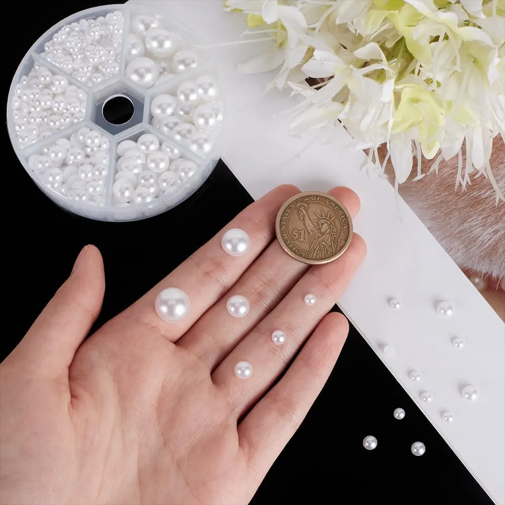 PH PandaHall 6 Sizes White Flat Back Pearls Cabochon 690pcs Flat Pearls Gems for Cup Nails Crafts Shoes Hairband Scrapbooking Embellishment Makeup Wedding Phone Case Making 4mm 5mm 6mm 8mm 10mm 12mm