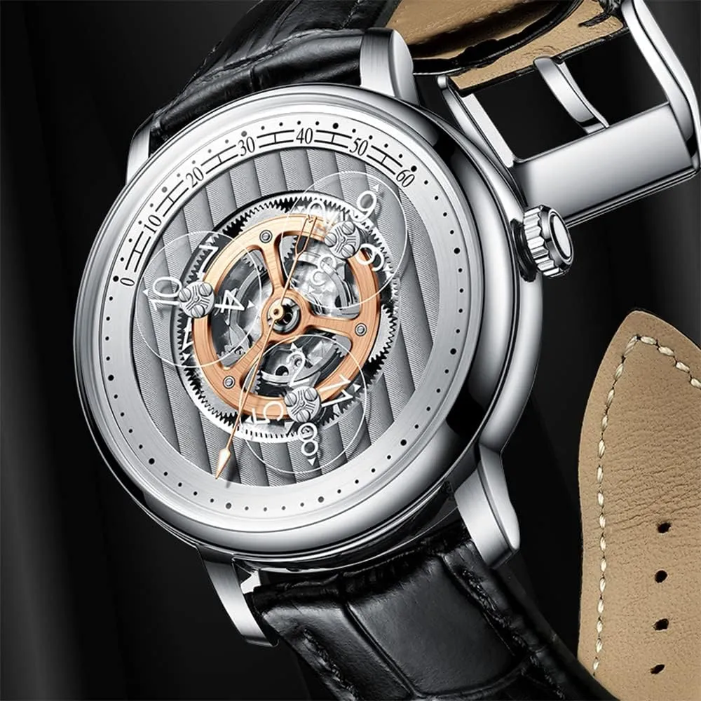 PINDU Automatic Watches for Men, Waterproof Watches for Men Dial Leather Band Skeleton Mechanical Watch 3 Transparent Hour Hand Wave Pattern Sub-dials