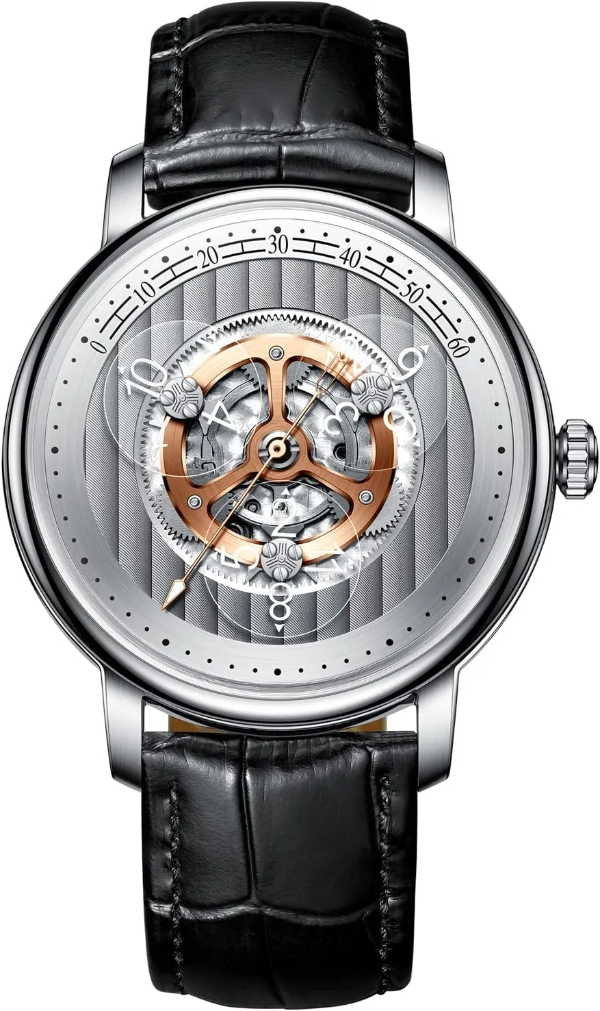 PINDU Automatic Watches for Men, Waterproof Watches for Men Dial Leather Band Skeleton Mechanical Watch 3 Transparent Hour Hand Wave Pattern Sub-dials