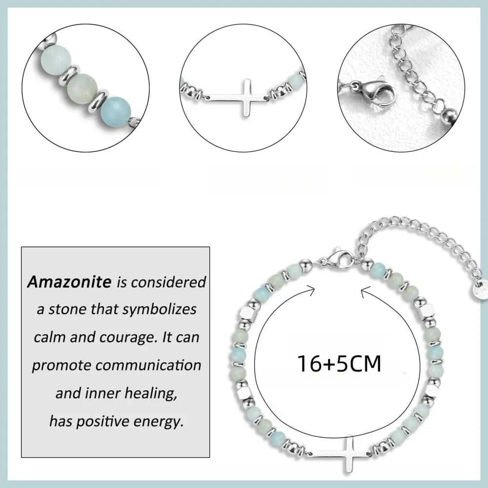 Pingyongchang Stainless Steel Cross Beaded Bracelets Catholic Religious Natural Beads Bracelets Christian Faith Jewelry Gifts for Women