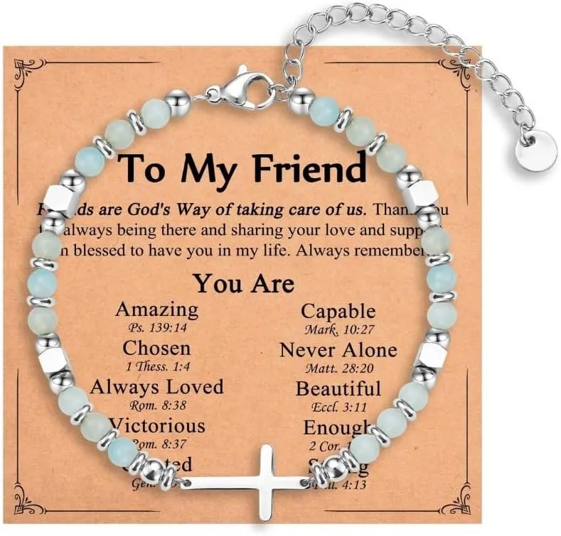 Pingyongchang Stainless Steel Cross Beaded Bracelets Catholic Religious Natural Beads Bracelets Christian Faith Jewelry Gifts for Women