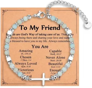 Pingyongchang Stainless Steel Cross Beaded Bracelets Catholic Religious Natural Beads Bracelets Christian Faith Jewelry Gifts for Women