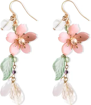 Pink Flower Earrings for Women Sakura Leaf Drop Dangle Earrings Statement White Flower Tassel Earrings Spring Summer Cherry Blossom Floral Earrings For Girls Holiday Jewery Gifts