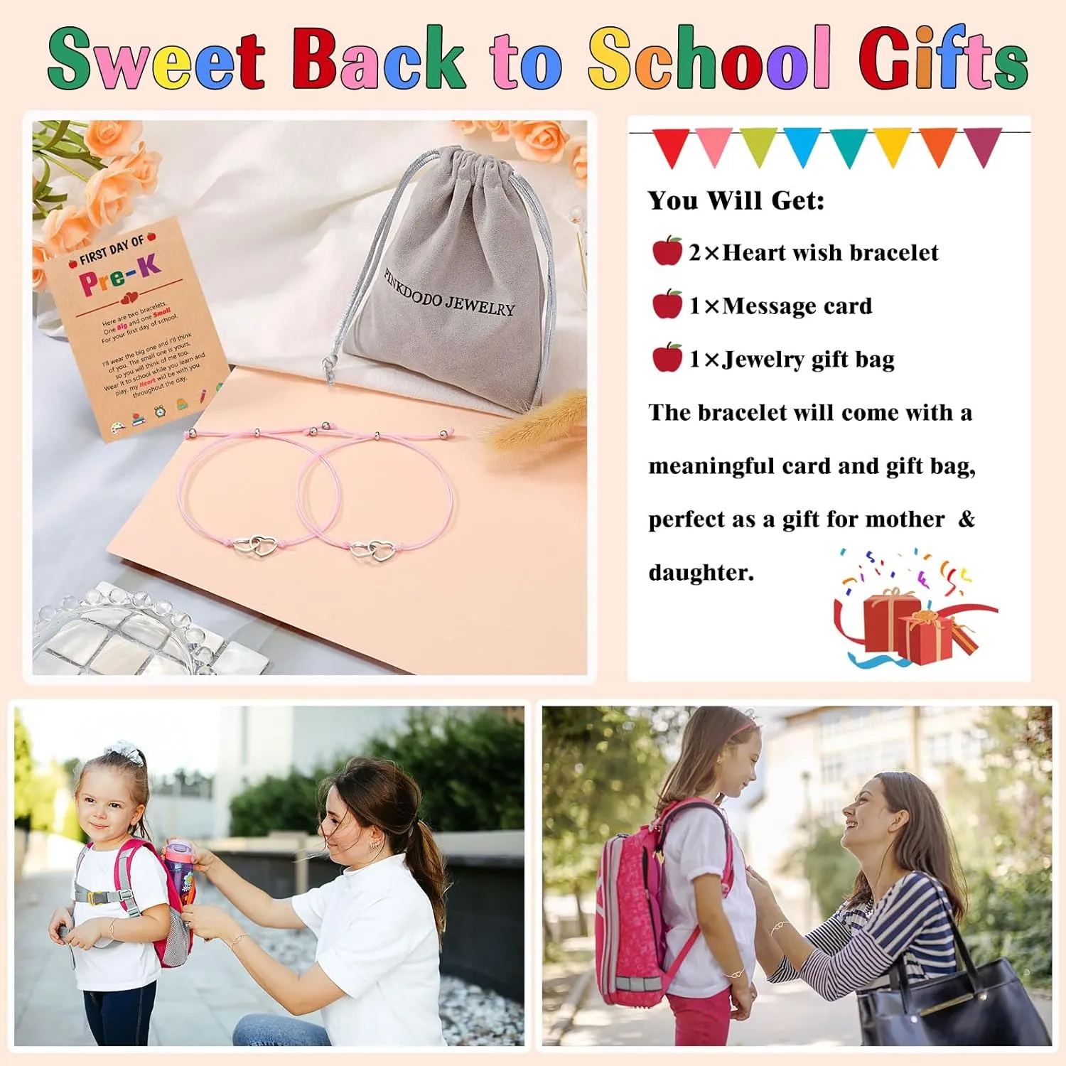 PINKDODO First Day of Bracelets Set for 2 Matching Wish Bracelets Back to School Gifts