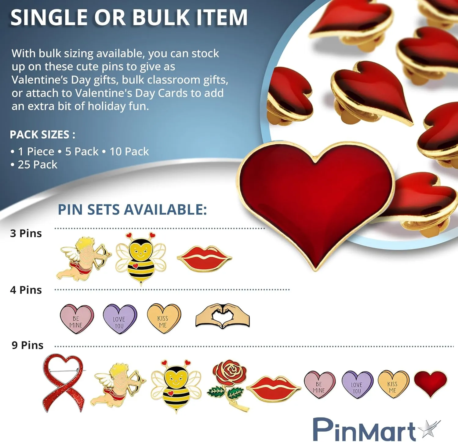 PinMarts Enamel Lapel Pins - Heart Pins and Love Themed Gifts - Bulk Sizing Available Great for Valentines Party Favors or Attaching to Valentine Cards for Class Gifts