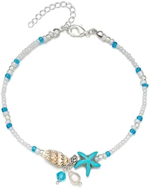 POYAMUSE Boho Beach Seashell Anklet for Women - Beachy Shell Starfish Pearl Anklet, Boho Bead Ankle Chain Rope Chain for Women