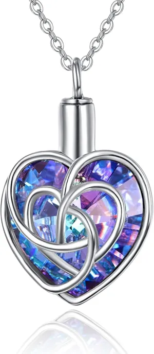 PRAYMOS Heart Urn Necklaces for Ashes for Women 925 Sterling Silver Real Crystal Necklaces Blue Amethyst Crystal Celtic Knot Cremation Jewelry for Ashes of Loved Ones