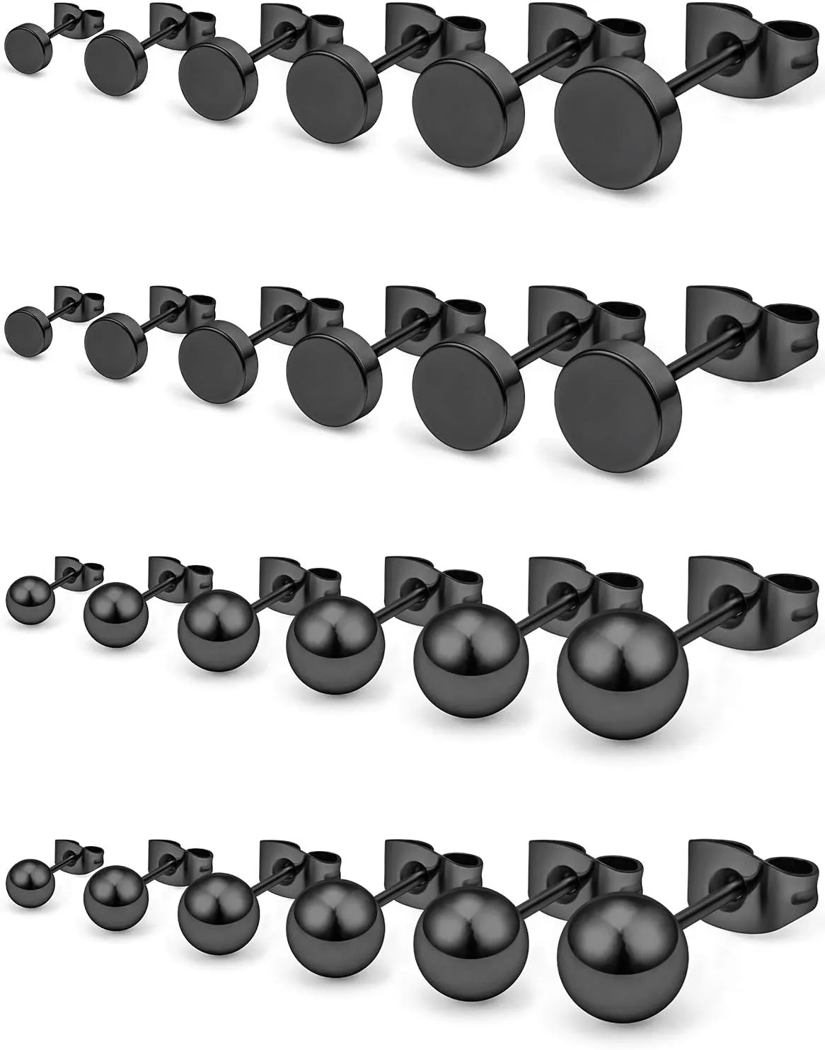 Prjndjw Black Stud Earrings Mix Sizes 3-8mm12 Pairs 20G Surgical Steel Cubic Zirconia Round Ball Set for Women Men Helix Tragus Lobe Stud Ear rings