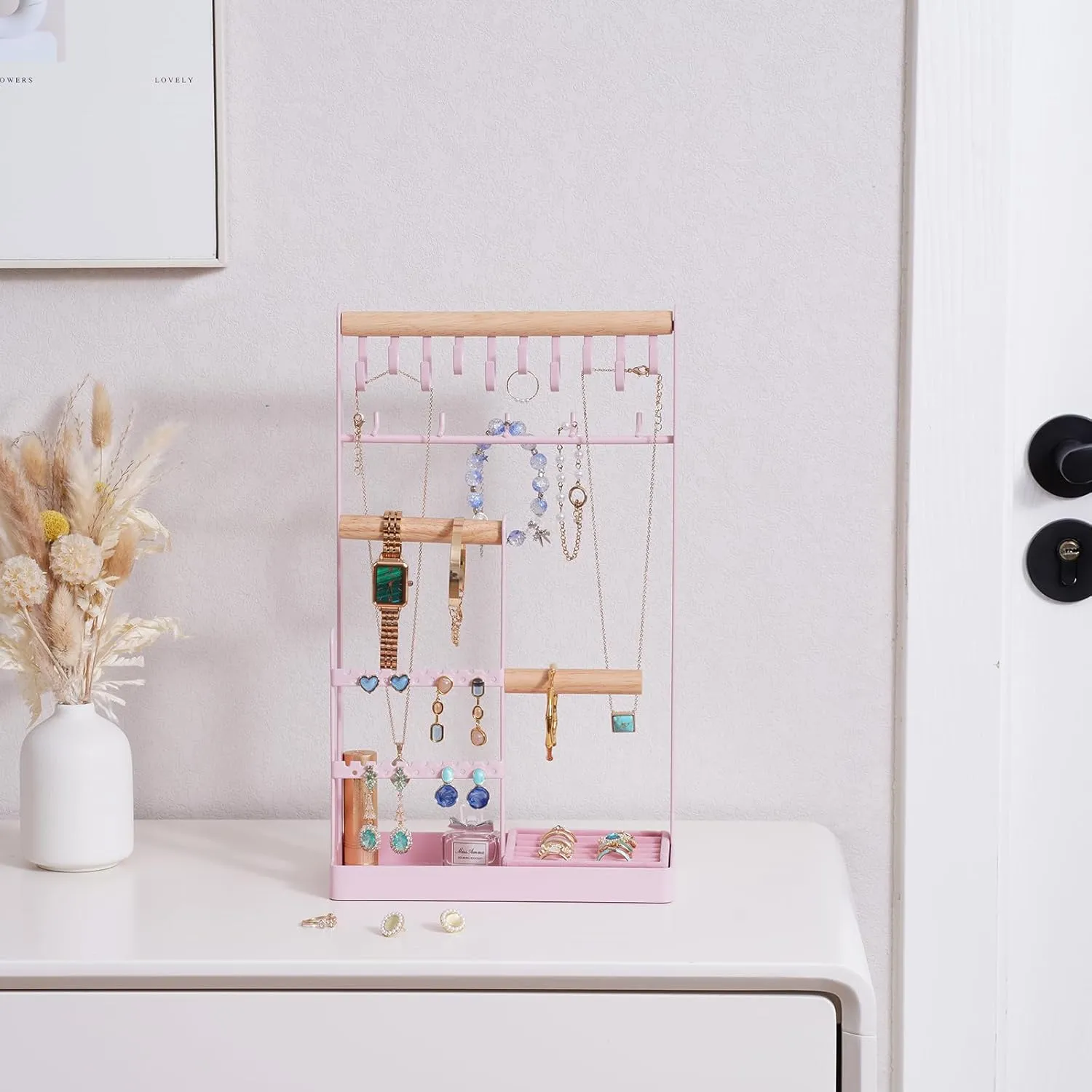 ProCase Jewelry Organizer Jewelry Stand Jewelry Holder Organizer, 5-Tier Necklace Organizer with Ring Tray, Large Aesthetic Jewelry Tower Storage Rack Tree for Bracelets Earrings Rings -Large, Pink